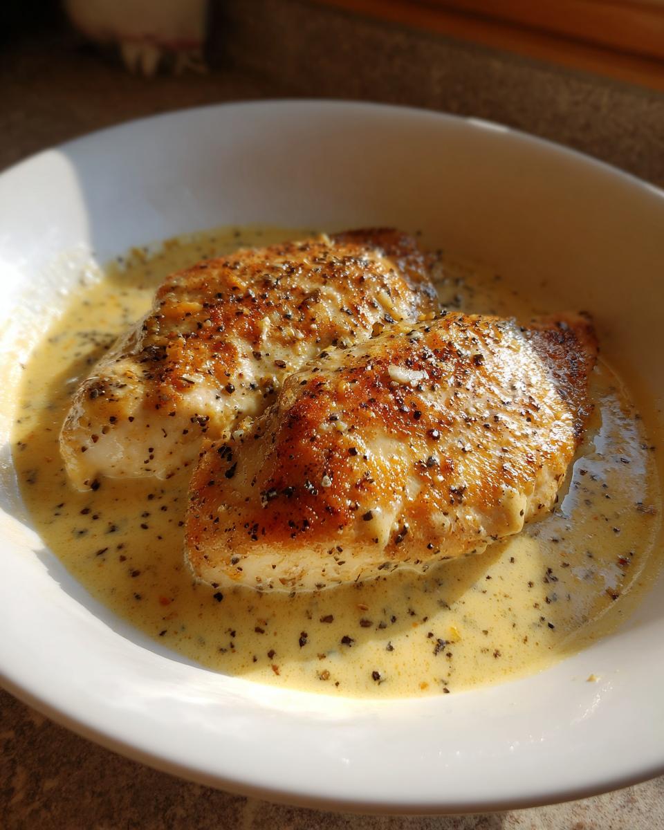 Two golden-brown chicken breasts seasoned with pepper, served in a rich, creamy lemon sauce.