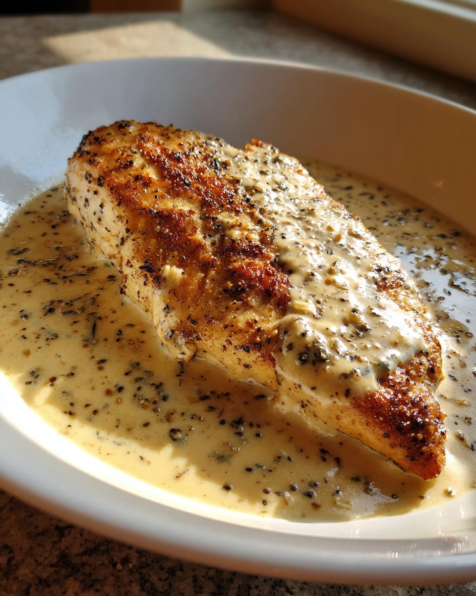 Close-up of a perfectly seared chicken breast covered in a rich, creamy lemon chicken sauce with visible black pepper.