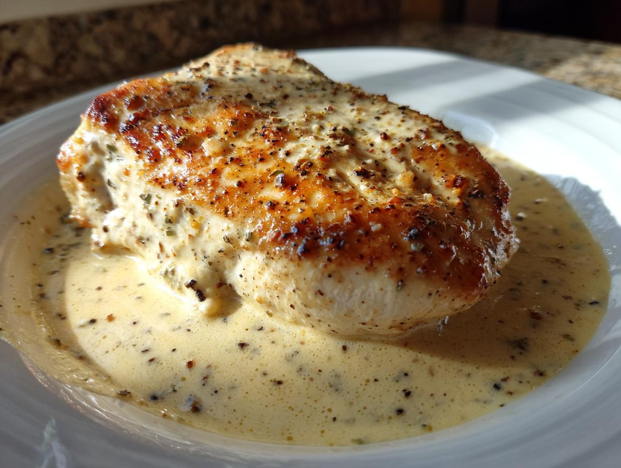 A close-up of a seared chicken breast resting in a pool of creamy lemon sauce, seasoned with pepper.