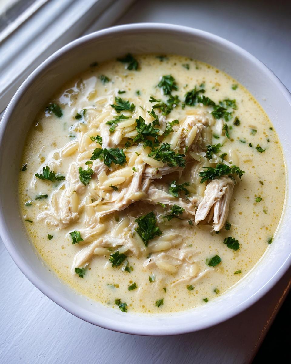 Close-up of a creamy bowl of lemon chicken soup featuring shredded chicken, orzo pasta, and fresh parsley garnish.