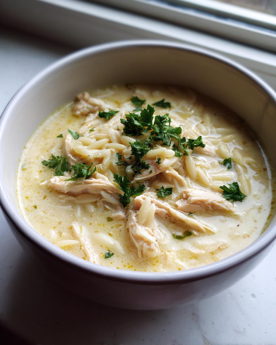 A creamy bowl of lemon chicken soup featuring shredded chicken, orzo pasta, and fresh parsley garnish.