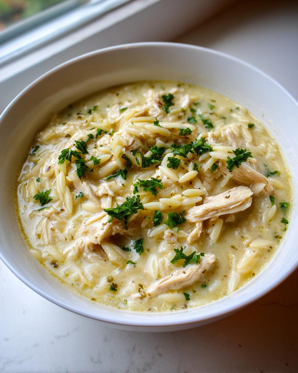 Close-up of a creamy bowl of amazing lemon chicken soup featuring shredded chicken, orzo pasta, and fresh parsley garnish.