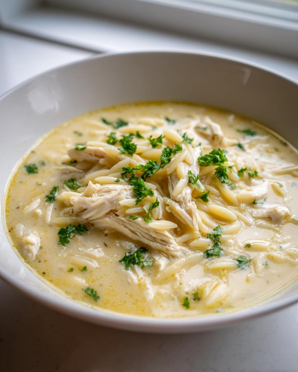 Close-up of a creamy bowl of lemon chicken soup featuring shredded chicken, orzo pasta, and fresh parsley garnish.