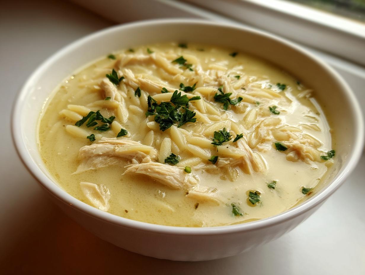 Close-up of a creamy bowl of amazing lemon chicken soup featuring shredded chicken and orzo pasta, garnished with fresh parsley.