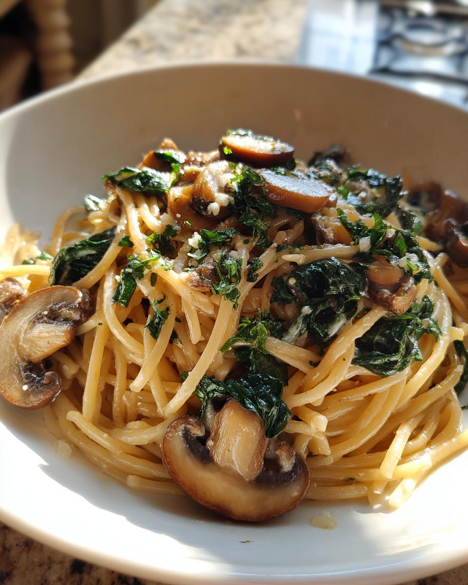 A close-up of creamy mushroom pasta featuring sliced brown mushrooms, wilted spinach, and fresh parsley.