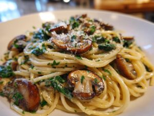 Close-up of creamy mushroom pasta tossed with sautéed mushrooms, spinach, and grated Parmesan cheese.