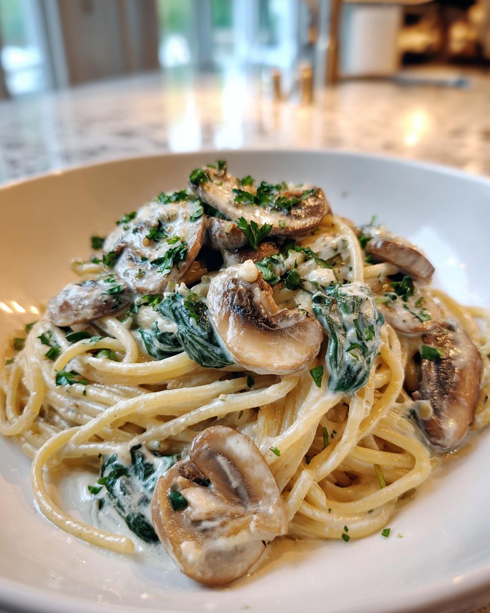 A close-up of creamy mushroom pasta featuring spaghetti coated in a white sauce, topped with sautéed mushrooms and fresh parsley.
