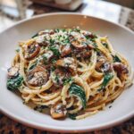 Close-up of creamy mushroom pasta with spinach and grated cheese, garnished with parsley.