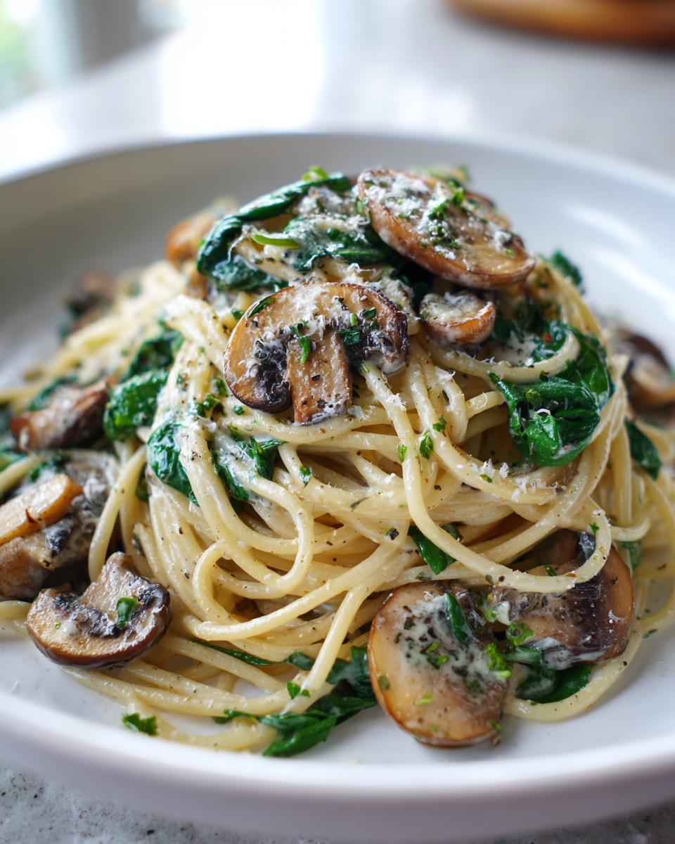 Close-up of creamy mushroom pasta tossed with wilted spinach and topped with grated Parmesan cheese.