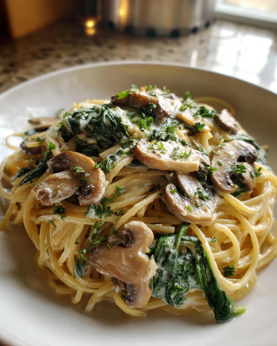 A close-up of creamy mushroom pasta featuring spaghetti tossed in a white sauce with sautéed mushrooms and spinach, garnished with parsley.