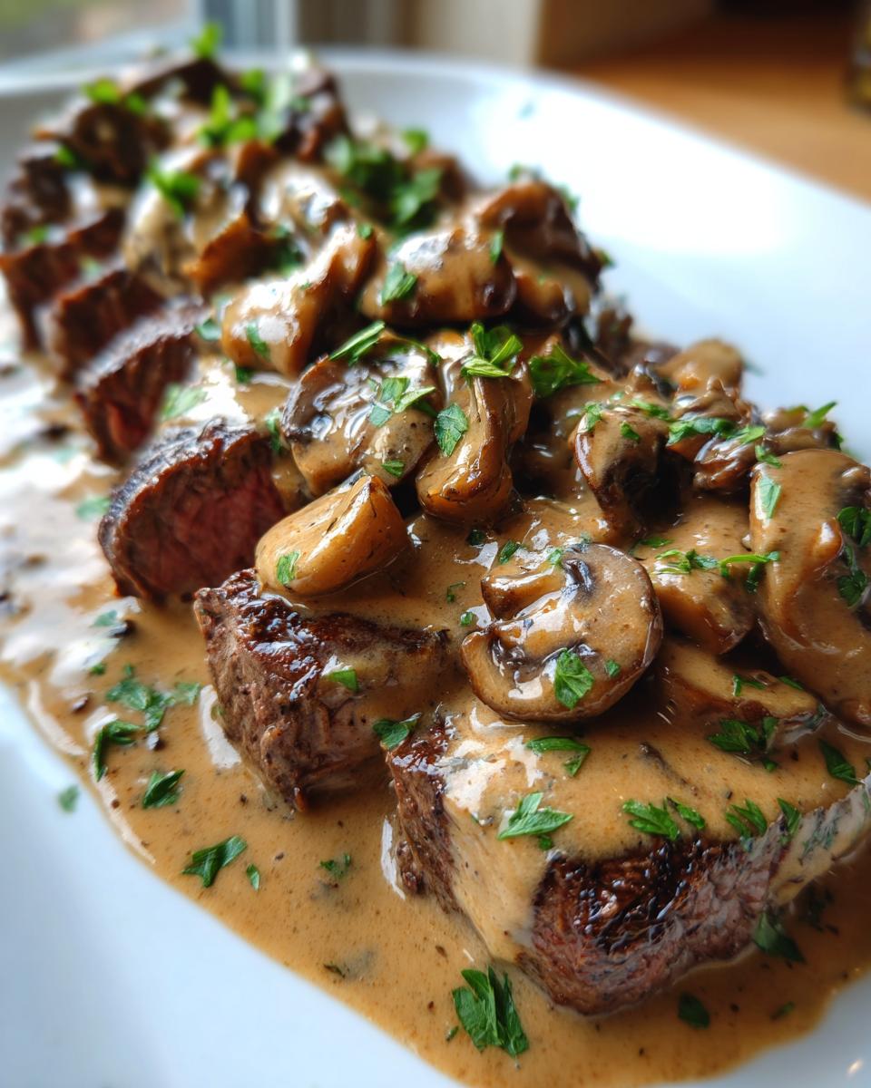 Slices of seared steak generously covered in a rich, creamy mushroom sauce and garnished with fresh parsley.