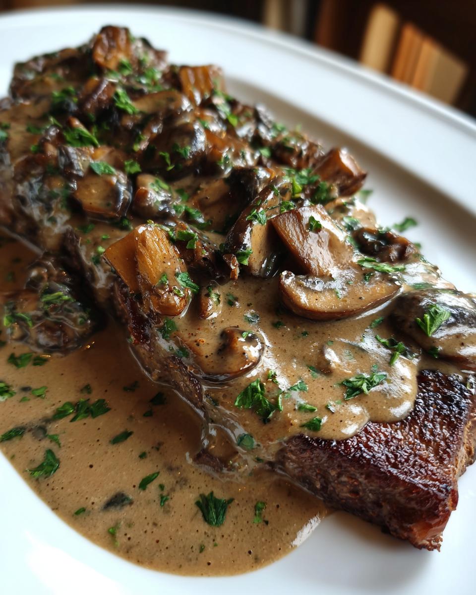 Close-up of a perfectly seared steak generously topped with creamy mushroom sauce and fresh parsley.