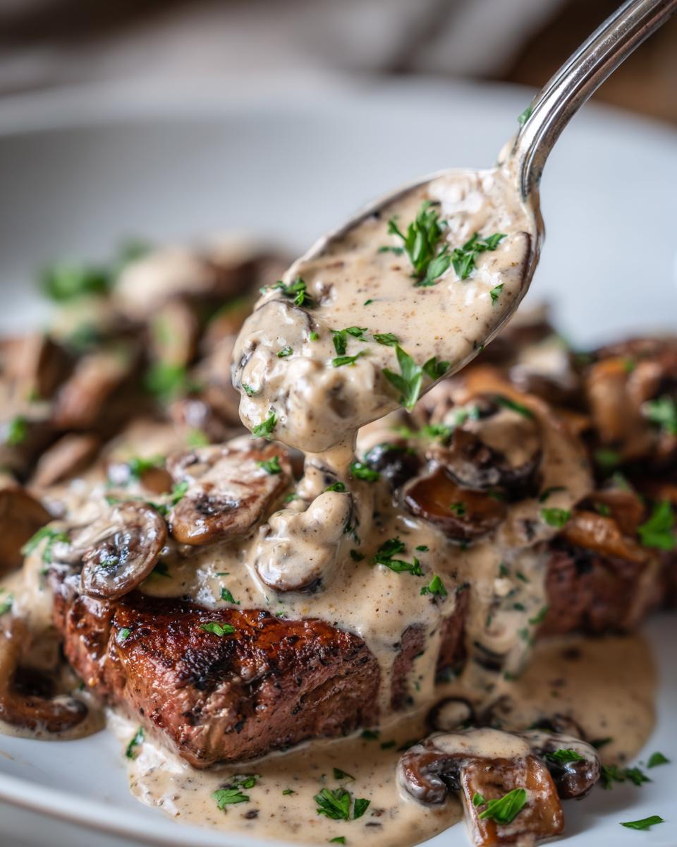 A spoonful of creamy mushroom sauce, rich with sliced mushrooms and parsley, being poured over a perfectly seared steak.