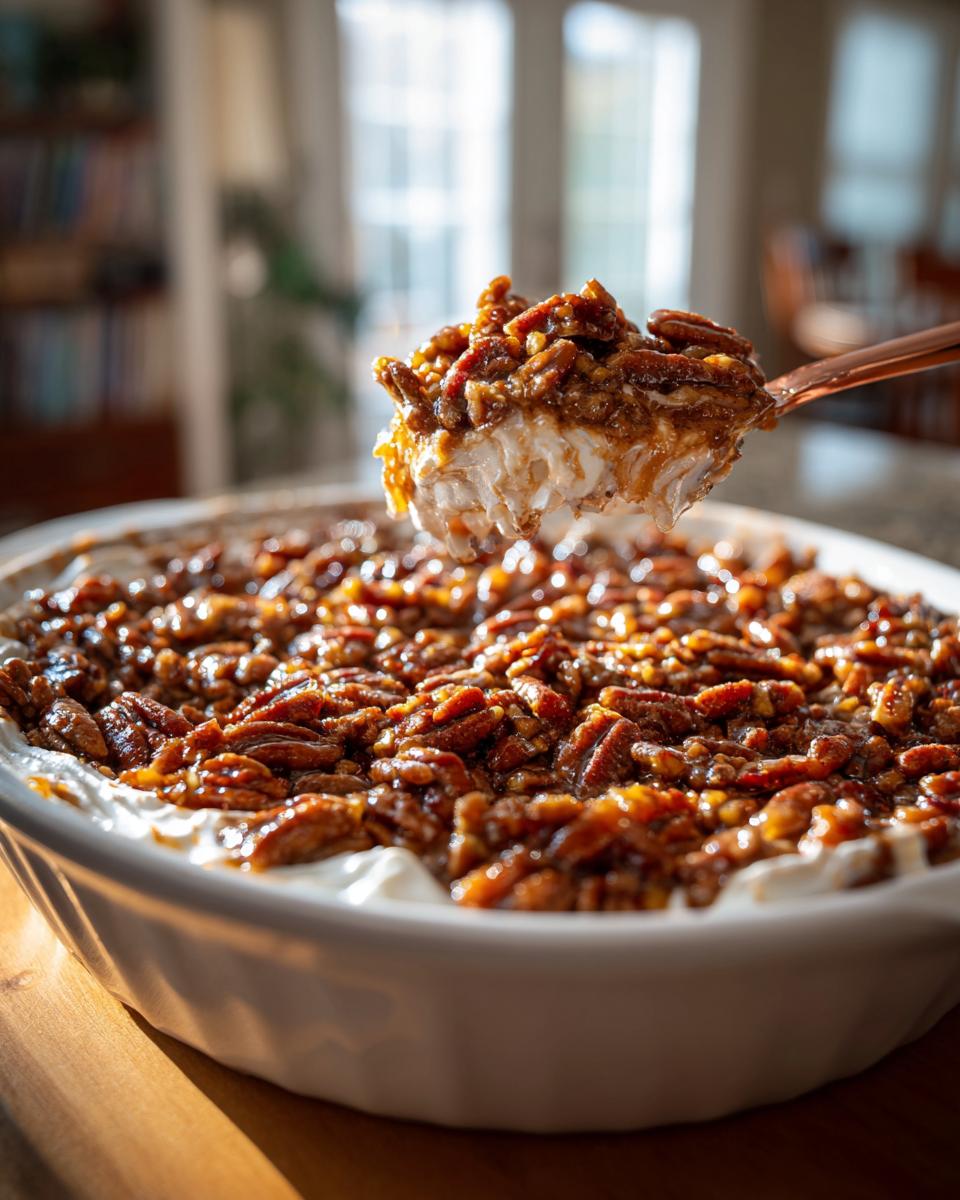 A spoonful of creamy pecan pie dip topped with sticky, glazed pecans being lifted from a white dish.
