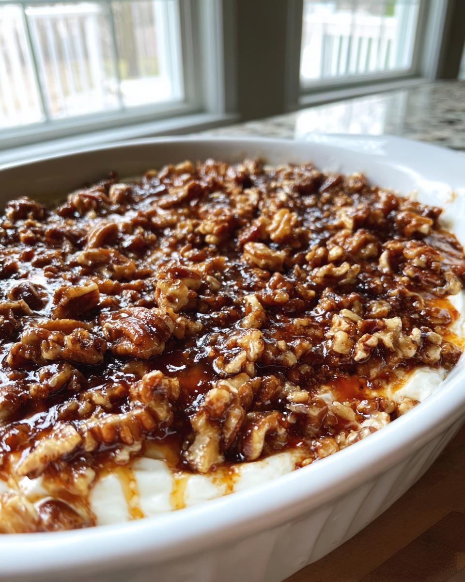Close-up of a white baking dish filled with creamy pecan pie dip, topped with a thick layer of glazed pecans.