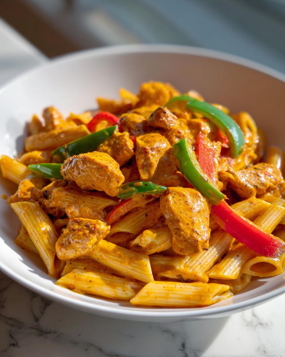 A close-up shot of a white bowl filled with creamy, orange-hued Rasta Pasta featuring penne, chunks of seasoned chicken, and slices of red and green bell peppers.