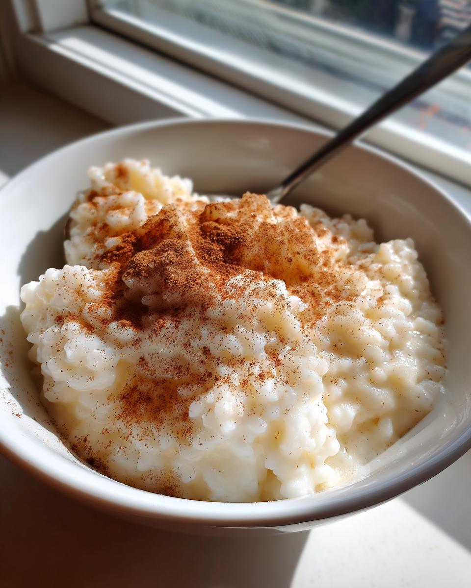 Close-up of creamy rice pudding recipe served in a white bowl, generously sprinkled with cinnamon.