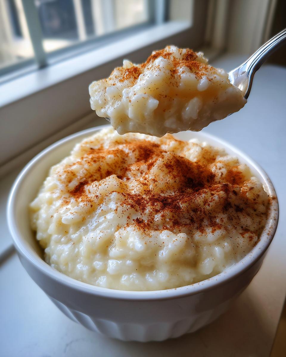 A spoonful of creamy rice pudding recipe topped with cinnamon being lifted from a white bowl.