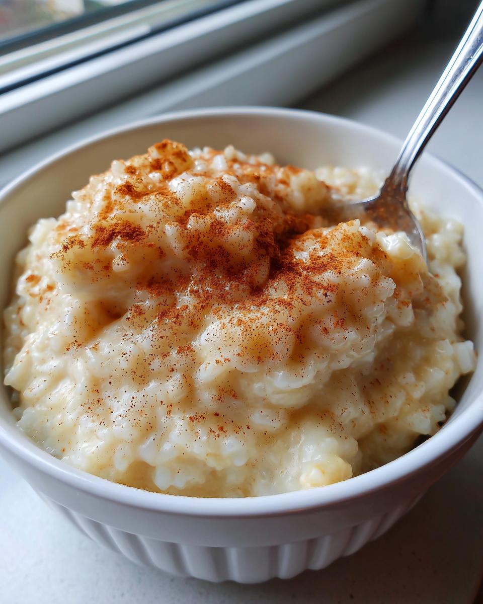 A close-up of creamy rice pudding recipe served in a white bowl, dusted generously with cinnamon.