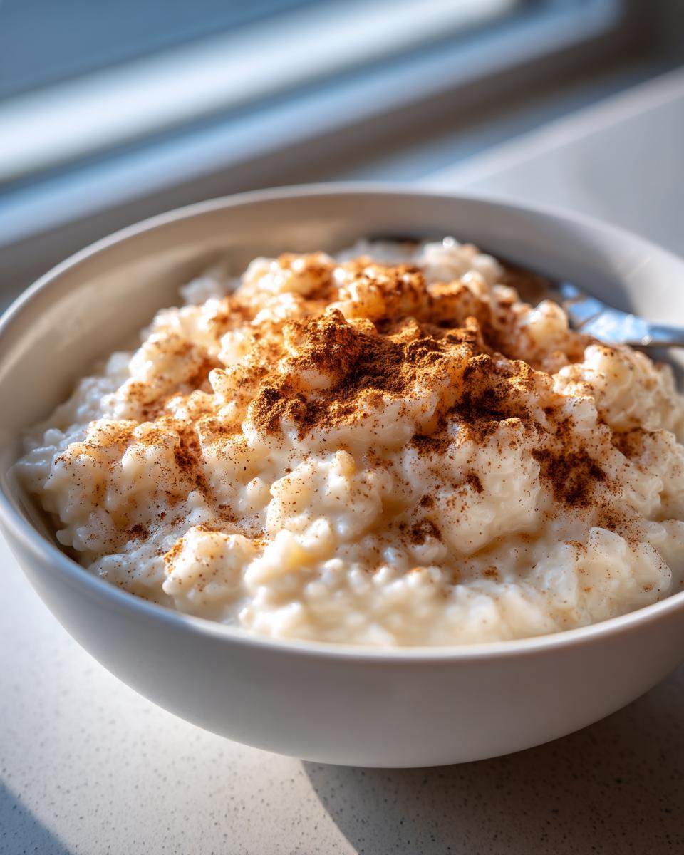 Close-up of creamy rice pudding recipe served in a white bowl, generously dusted with cinnamon.