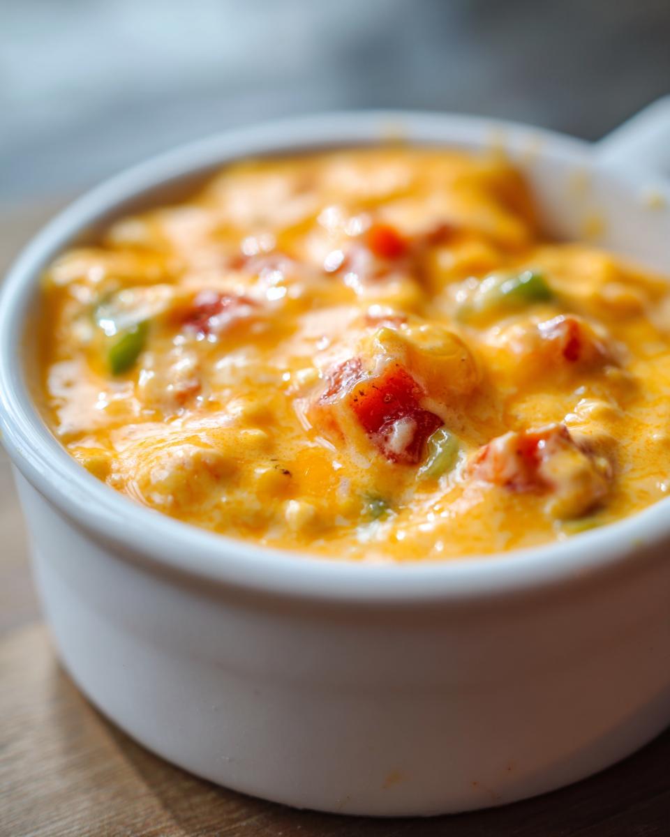 A close-up, macro shot of hot, melted, cheesy rotel dip with visible chunks of tomato and green pepper in a white serving dish.