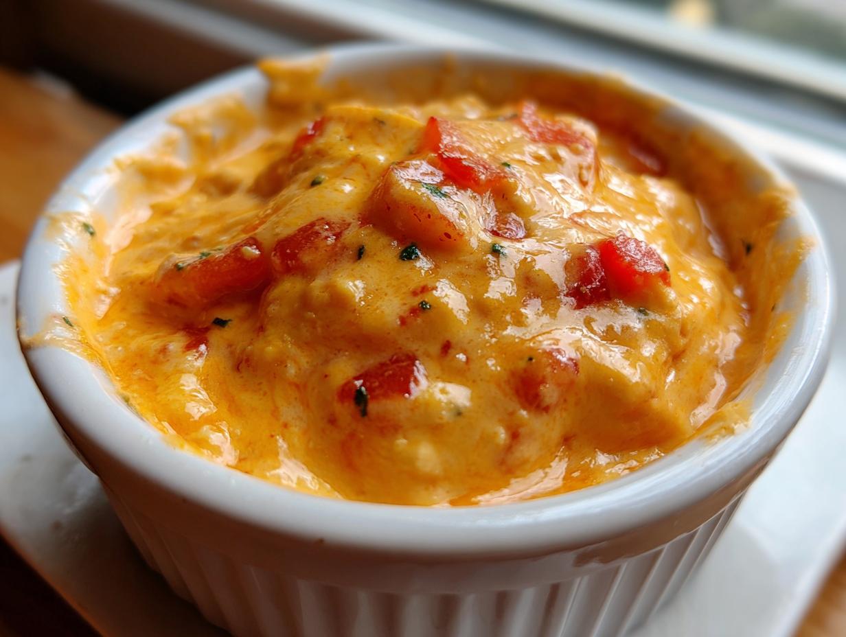 A close-up view of hot, creamy, orange-colored rotel dip topped with diced red tomatoes in a white ramekin.