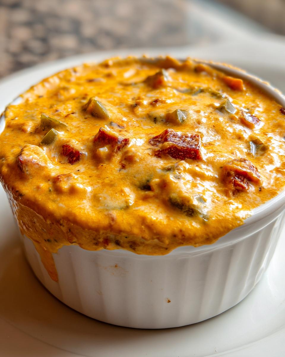 Close-up of hot, creamy, cheesy rotel dip bubbling in a small white ramekin dish.