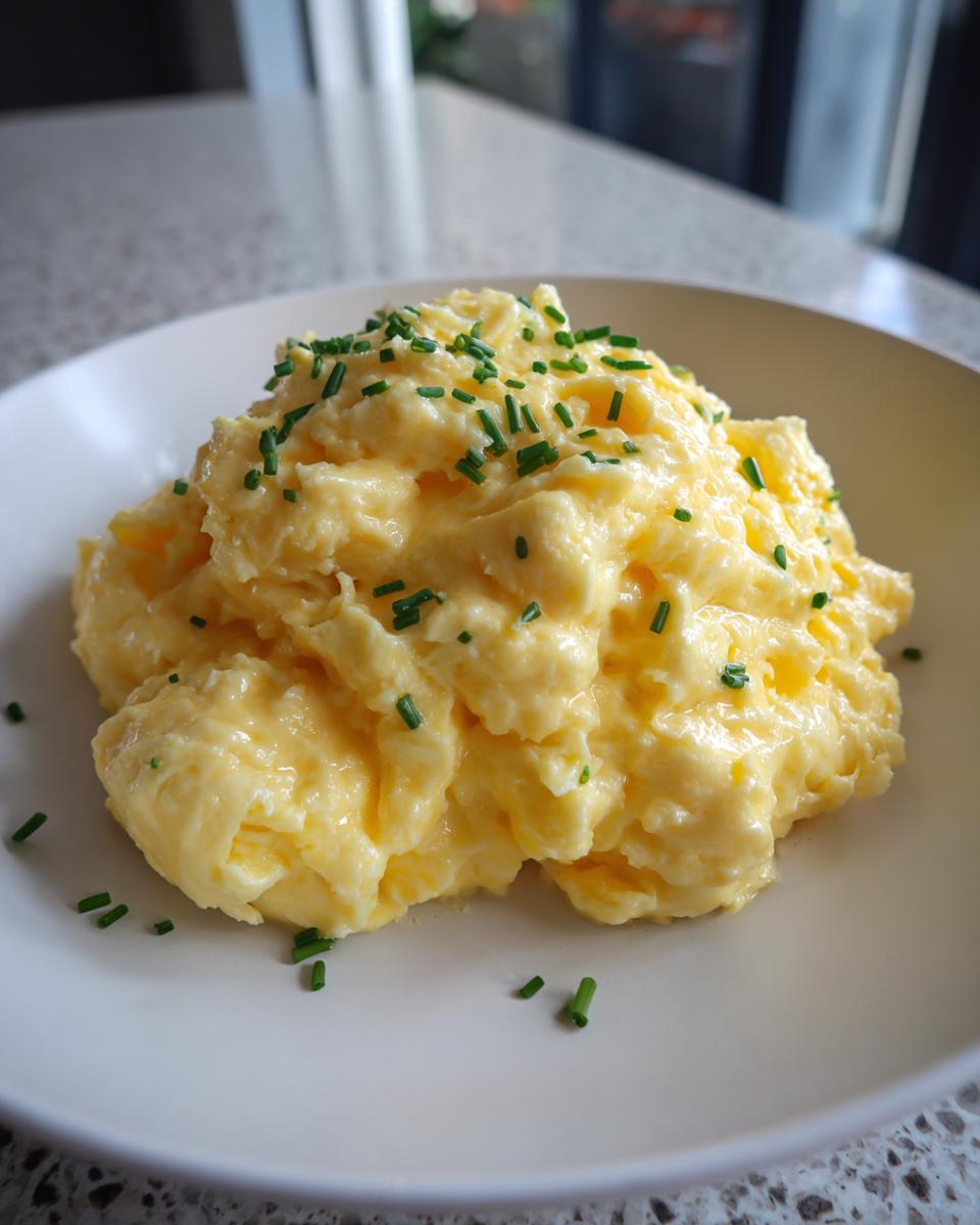 A mound of creamy, yellow scrambled eggs topped generously with fresh green chives on a white plate.