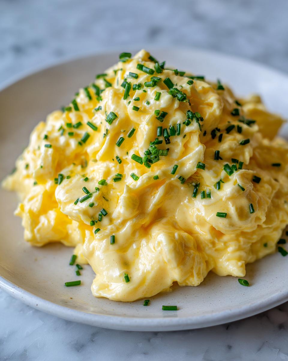 A close-up of creamy, soft scrambled eggs topped generously with finely chopped fresh chives.