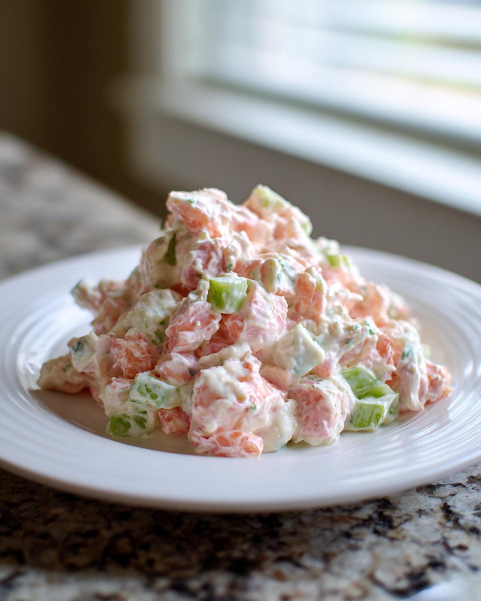 A mound of creamy seafood salad, featuring pink seafood chunks and green celery pieces, served on a white plate.