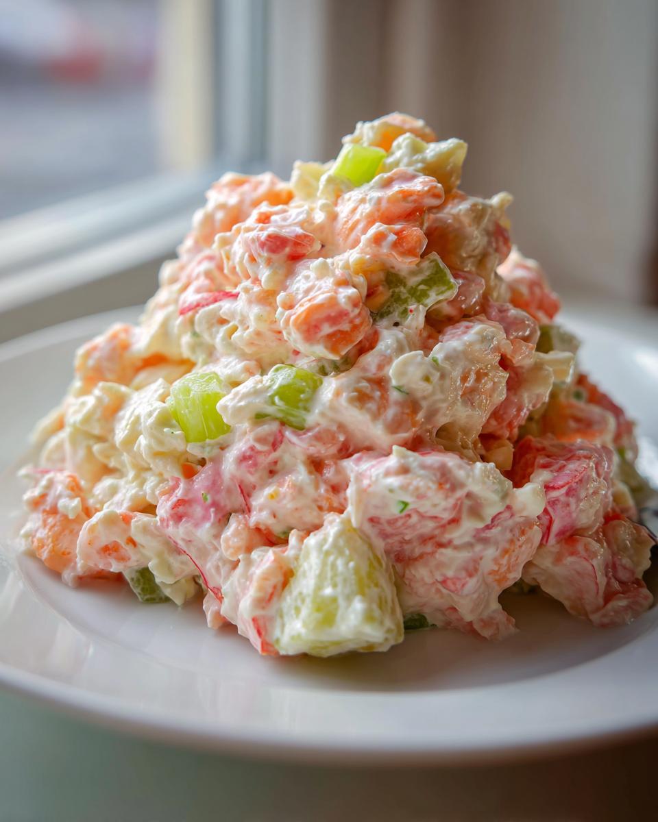 A close-up, mounded serving of creamy seafood salad featuring pink seafood chunks and green celery pieces on a white plate.