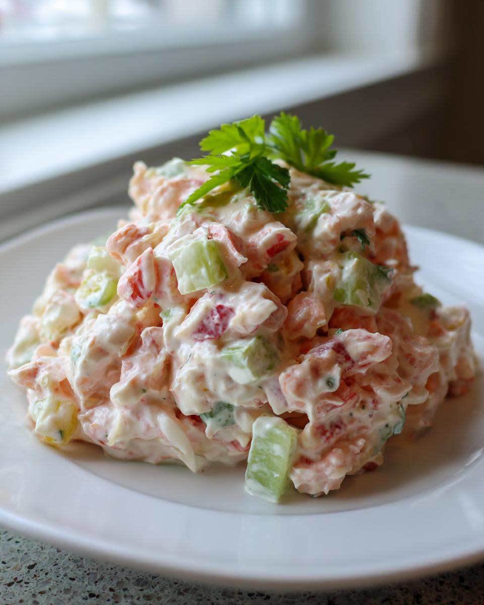 A mound of creamy seafood salad mixed with chopped celery and red ingredients, topped with fresh parsley.