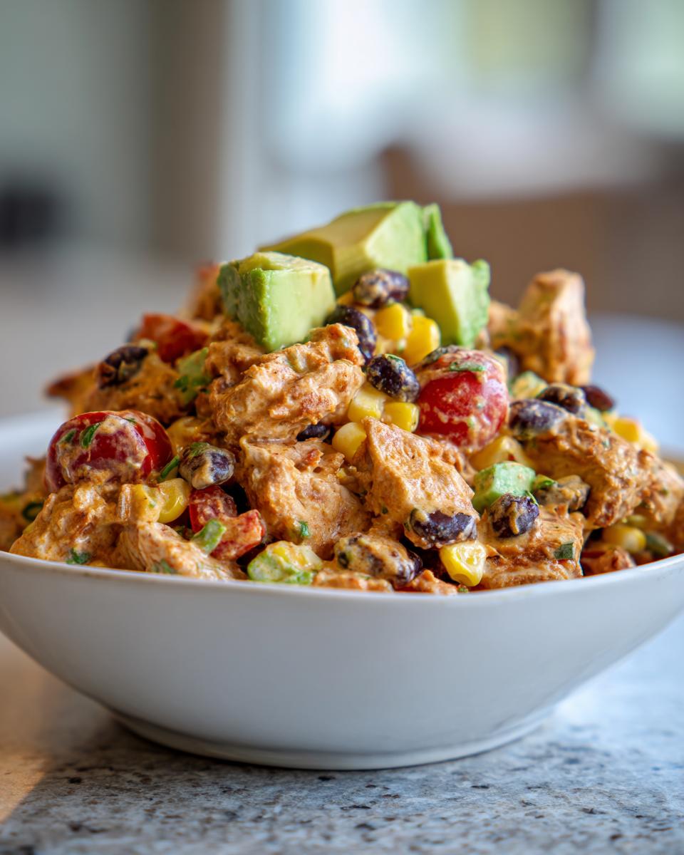 Close-up of a white bowl filled with creamy southwest chicken salad, topped with diced avocado.