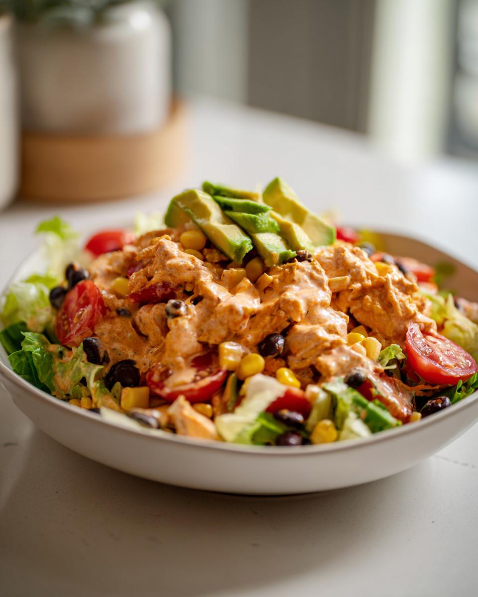 A close-up of a bowl filled with creamy southwest chicken salad, topped with sliced avocado, tomatoes, corn, and black beans.