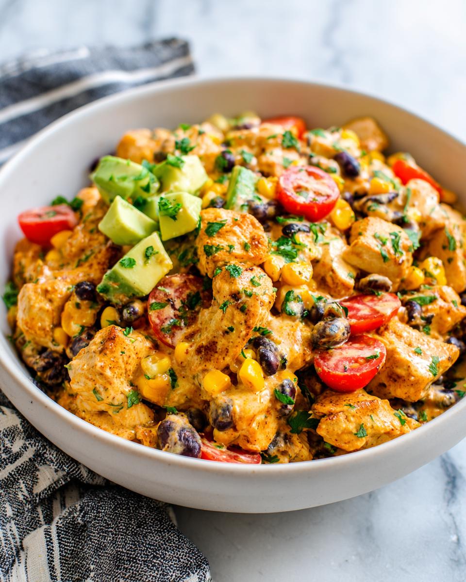 Close-up of creamy southwest chicken salad with black beans, corn, tomatoes, and avocado cubes.