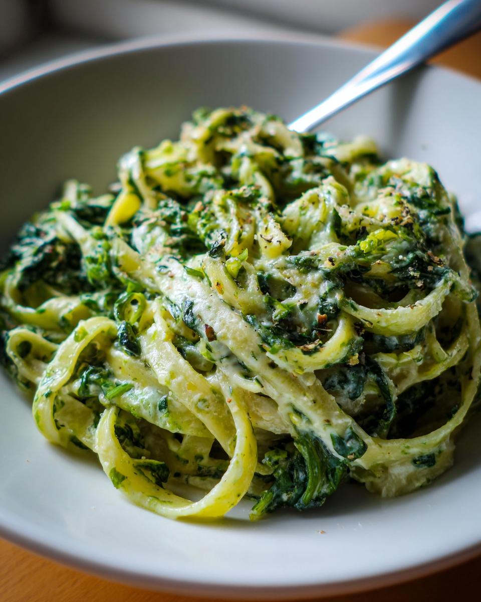 Close-up of creamy spinach pasta tossed in a white bowl, ready to eat.