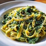 Close-up shot of creamy spinach pasta featuring fettuccine noodles coated in a rich sauce and mixed with wilted spinach, topped with Parmesan.