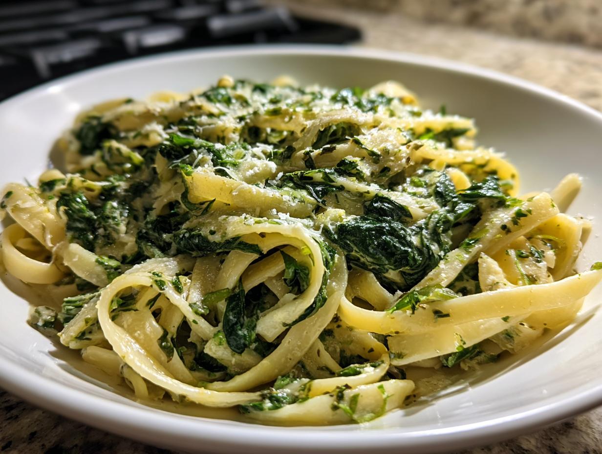 Close-up of creamy spinach pasta tossed with fettuccine noodles and topped with grated Parmesan cheese.