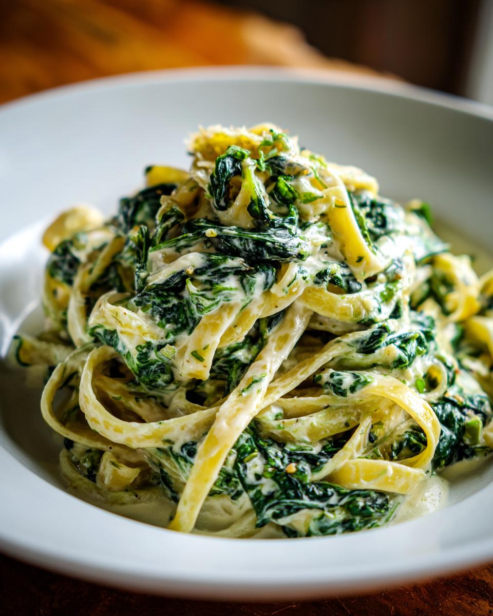 Close-up of creamy spinach pasta featuring fettuccine noodles coated in a rich white sauce with wilted spinach.