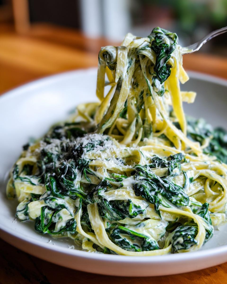 A fork lifting a twirl of fettuccine in creamy spinach pasta, topped with grated parmesan cheese.