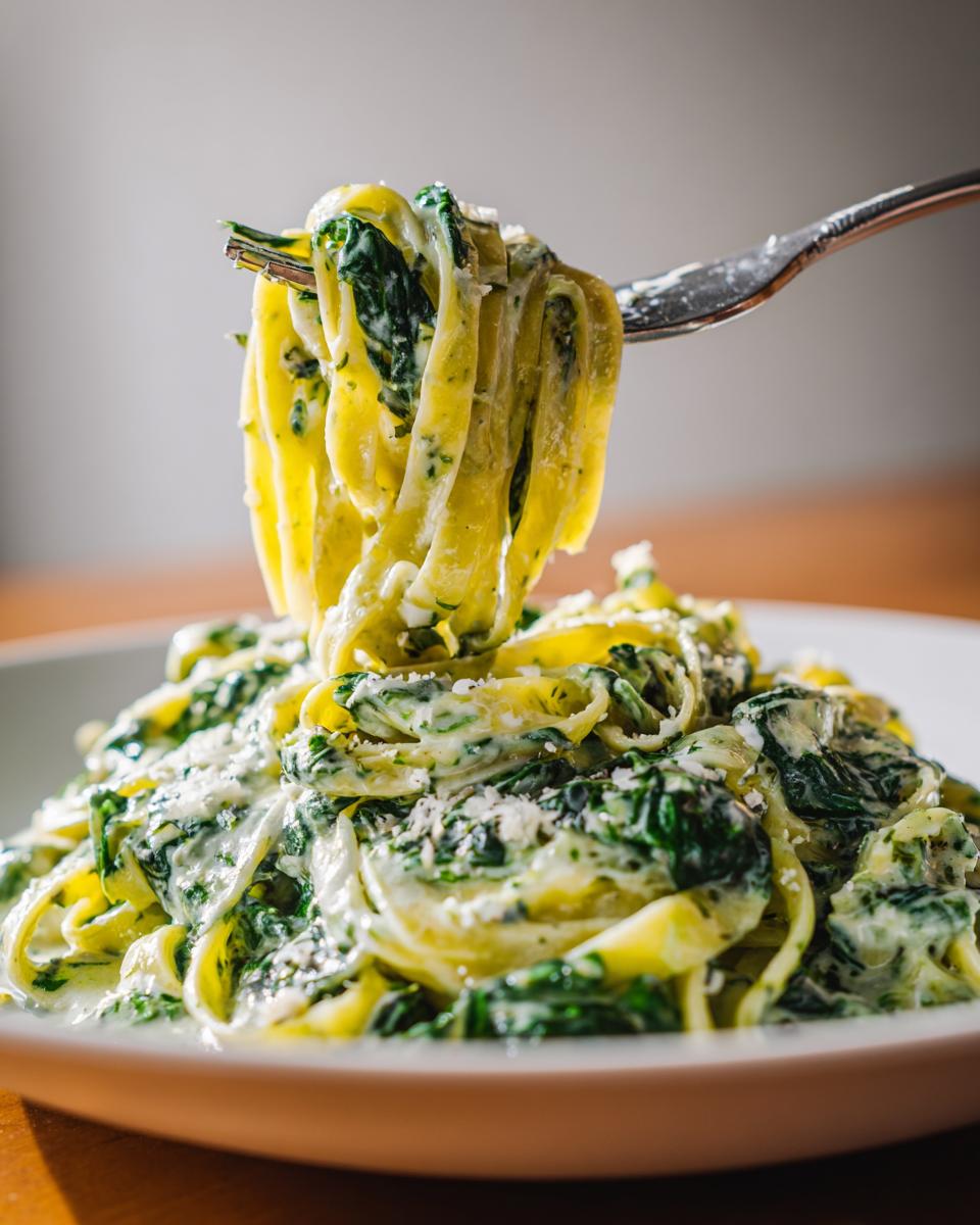 A fork lifting a generous portion of creamy spinach pasta, coated in a white sauce and topped with grated Parmesan.