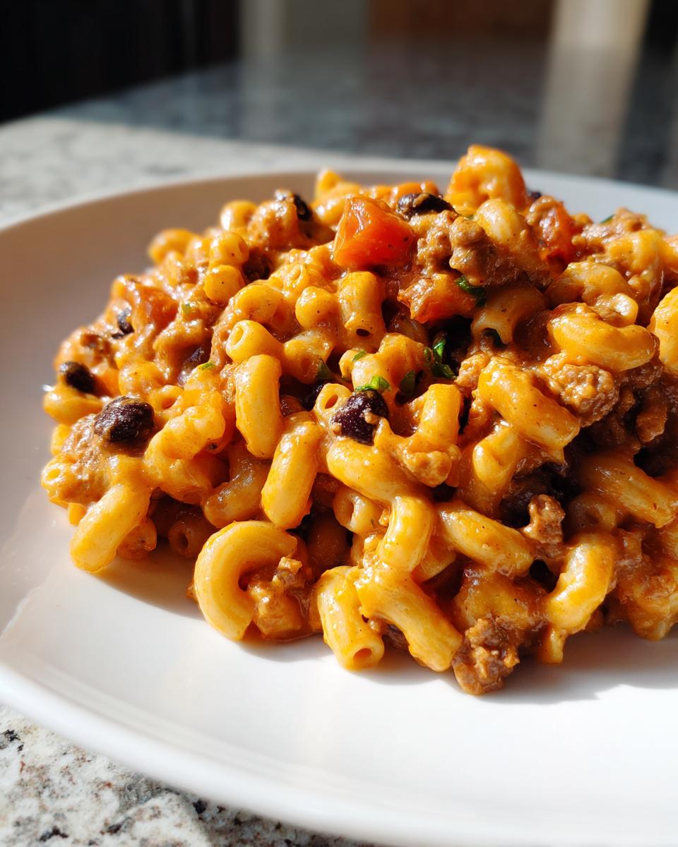 Close-up of creamy, cheesy taco pasta with ground meat and black beans served on a white plate.