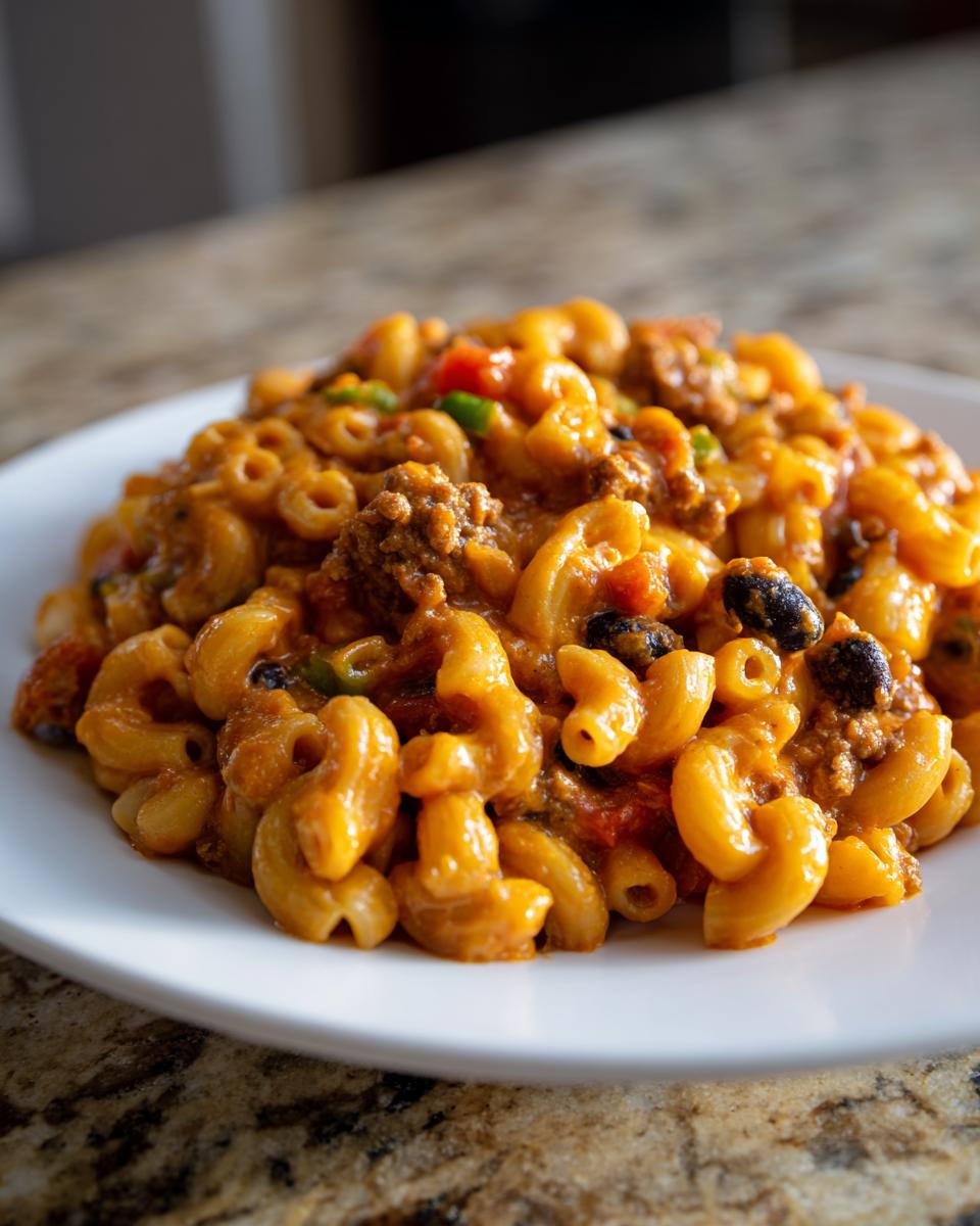 A close-up of a creamy, orange-sauced taco pasta dish featuring elbow macaroni, ground meat, and black beans.