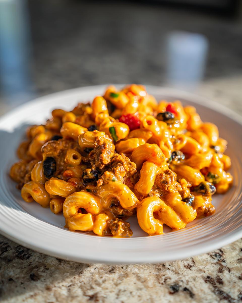 A close-up of a white plate filled with creamy, cheesy taco pasta mixed with ground beef and black olives.