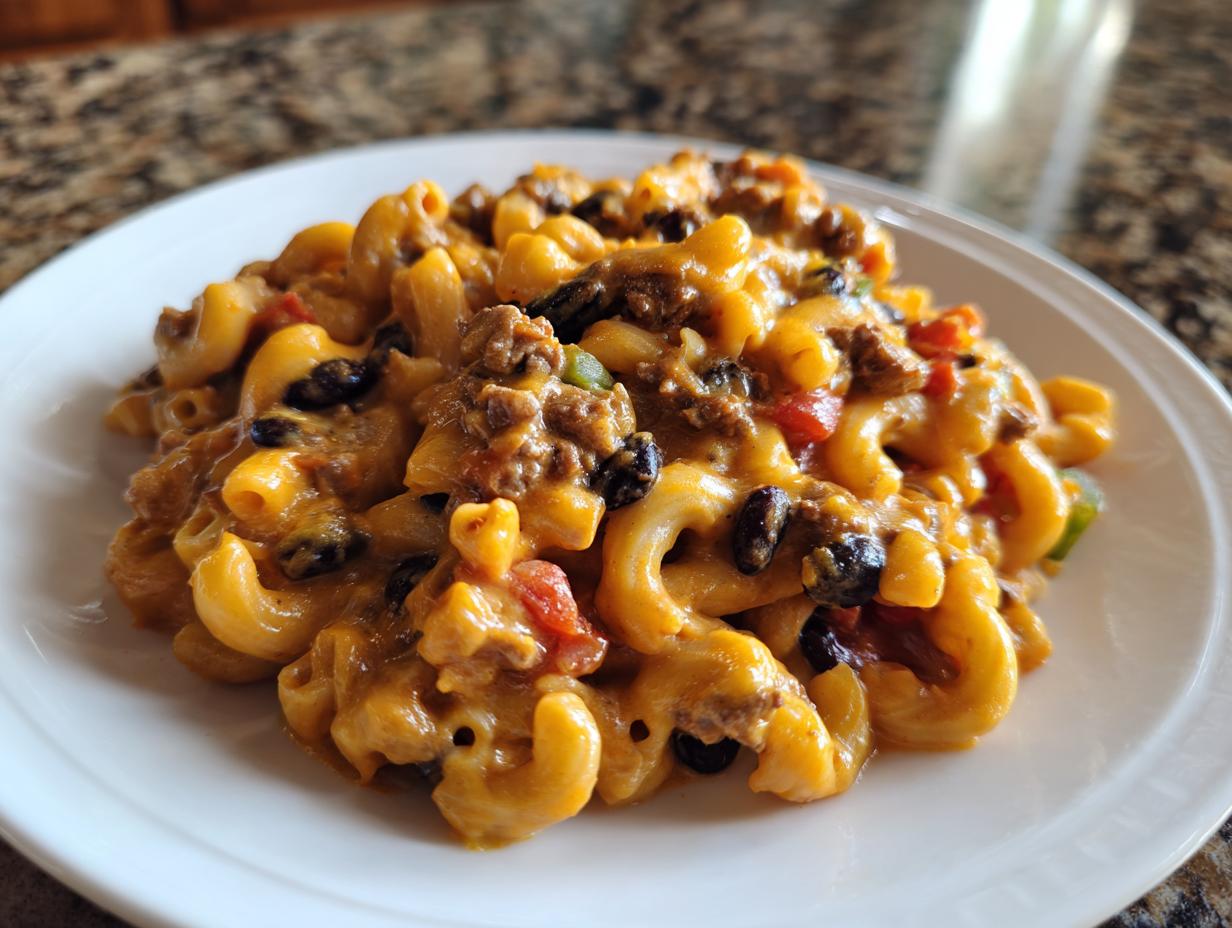 A close-up serving of creamy taco pasta featuring elbow macaroni, ground meat, black beans, and cheese sauce on a white plate.