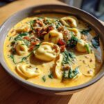 Close-up of a hearty bowl of creamy tortellini soup featuring cheese tortellini, sausage, and wilted spinach.