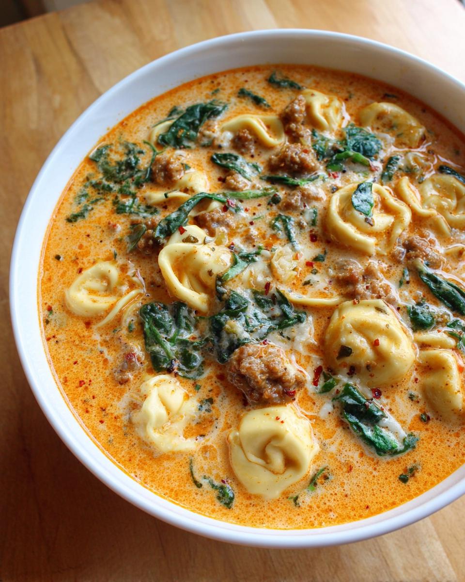 A close-up of a white bowl filled with creamy tortellini soup, featuring pasta, sausage crumbles, and wilted spinach.