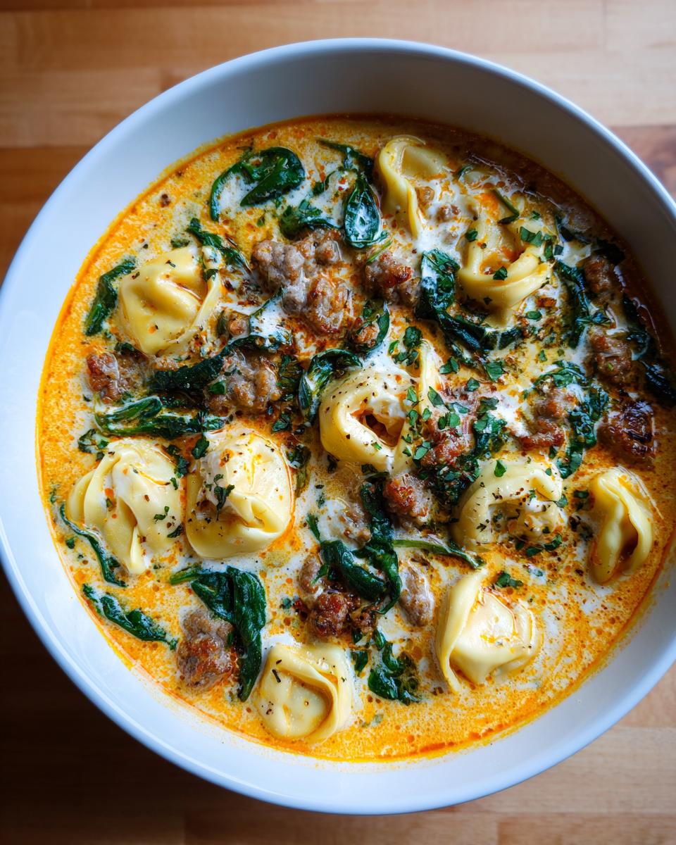 Overhead view of a bowl of creamy tortellini soup featuring sausage, wilted spinach, and herbs.