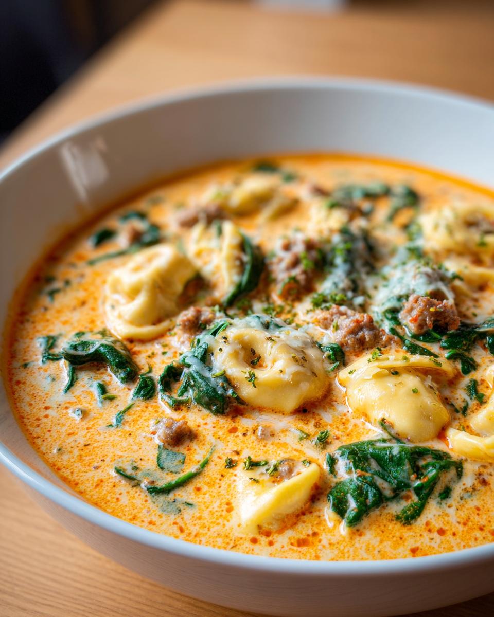 A close-up, appetizing view of creamy tortellini soup featuring cheese tortellini, crumbled sausage, and wilted spinach.