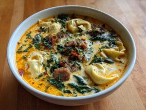 Close-up of a white bowl filled with creamy tortellini soup featuring cheese tortellini, crumbled sausage, and wilted spinach.